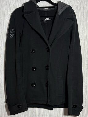 Fox Black Double-Breasted Pea Coat with Hooded Collar